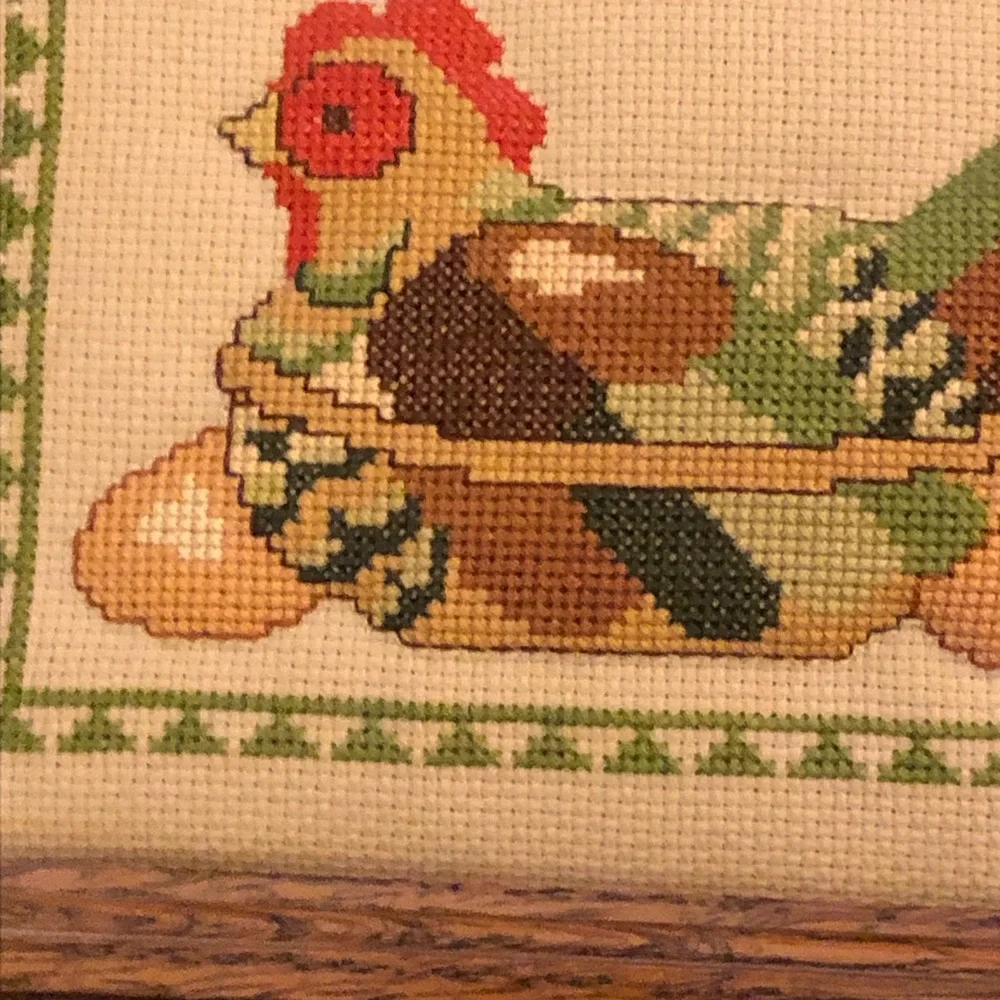 Framed Vintage  Cross-Stitch Nesting Hen with Eggs Rustic Farmhouse Whimsical - Picture 4 of 12